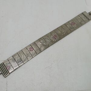 Vtg Etched Floral Panel Bracelet Silver Tone Pink Flower Mesh Back Midcentury 7"